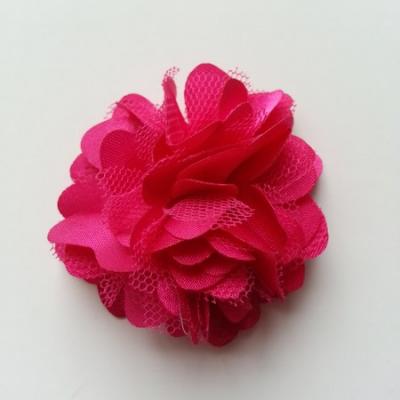 Rosette  fleur  satin et tulle  50mm rose fuchsia