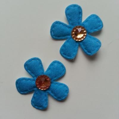 Lot de 2 appliques fleurs avec centre strass  35mm bleu turquoise