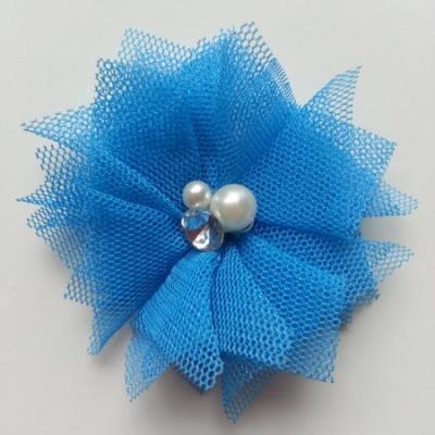 Applique tulle perle et strass 55mm bleu