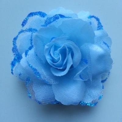 Rose  en tissu pailletée   bleu 70mm