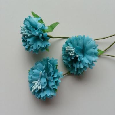 lot de 3 fleurs en tissu et pistils sur tige 40mm bleu turquoise
