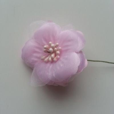 Fleur en tissu et pistils sur tige 5cm rose