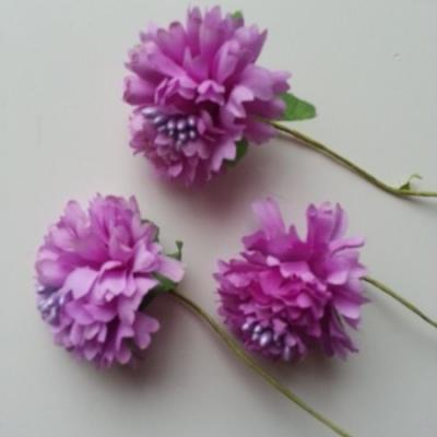 lot de 3 fleurs en tissu et pistils sur tige 40mm mauve