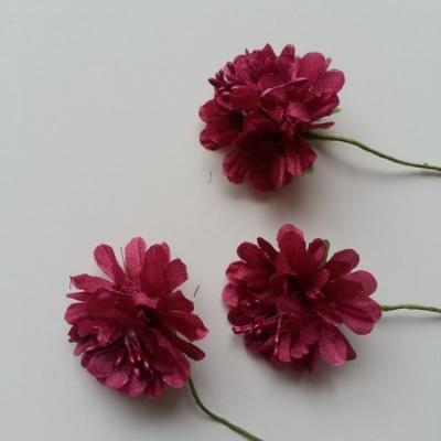 lot de 3 fleurs en tissu et pistils sur tige 40mm bordeaux