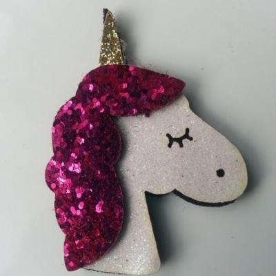 applique licorne pailletée  60mm blanc et rose fuchsia