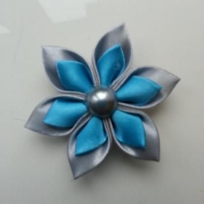 Fleur double en satin gris et bleu turquoise   5cm