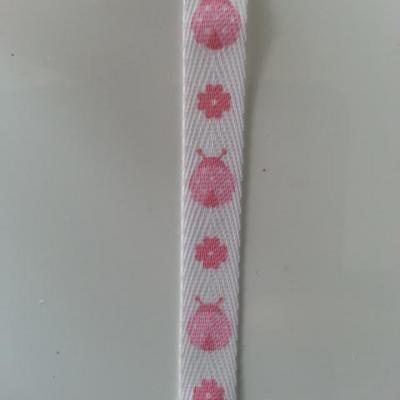 1 metre  de ruban gros grain rose et blanc  motif coccinelle et fleur   10mm