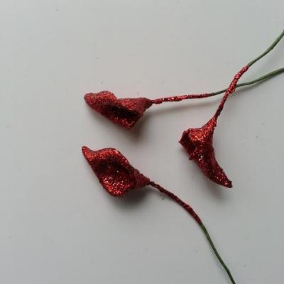 Lot de 3 fleurs arum  pailletés sur tige  10 cm rouge