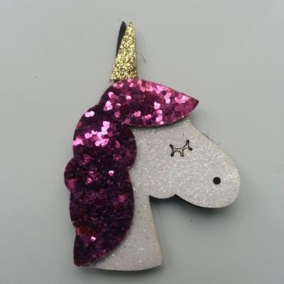 applique licorne pailletée  60mm blanc et rose bonbon