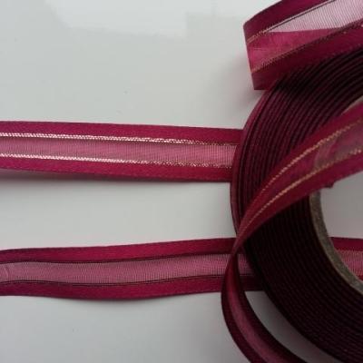 ruban satin et organza bordeaux  liseré or , doré  15mm vendu au  mètre