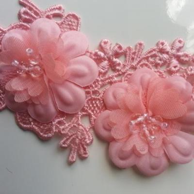 applique  en dentelle et fleur rose avec strass 25*10cm