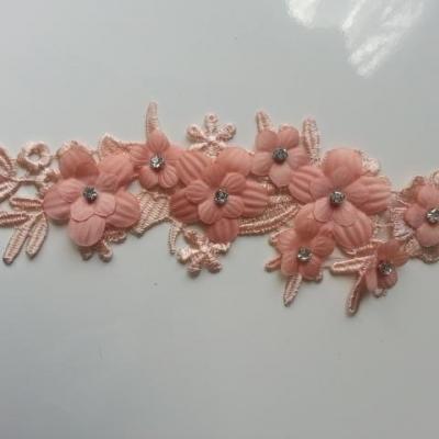 applique  en dentelle et fleur peche avec strass 20*7cm