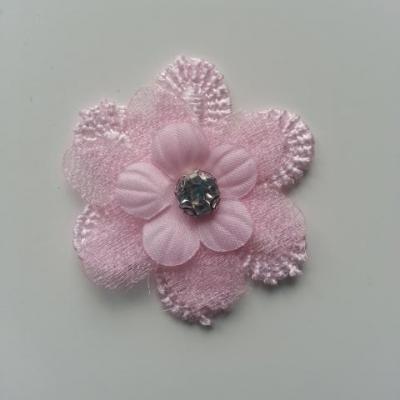 double fleur en dentelle et organza rose strass 35 mm