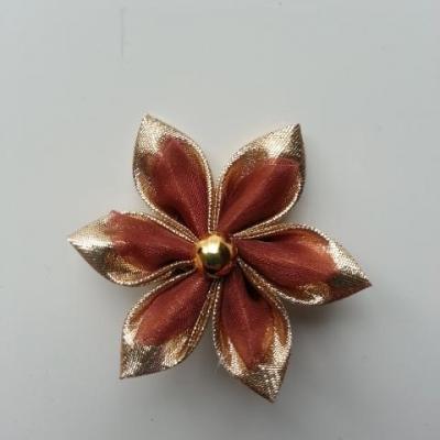 Fleur tissu doré, or et organza marron  5cm