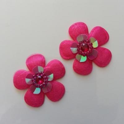 Lot de 2 appliques fleurs avec strass  35mm rose fuchsia