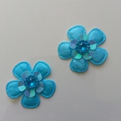 Lot de 2 appliques fleurs avec strass  35mm bleu