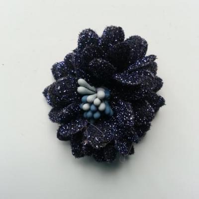 fleur en tissu pailleté et pistils 40mm bleu marine