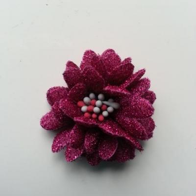 fleur en tissu pailleté et pistils 40mm rose fuchsia