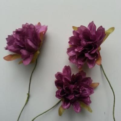 lot de 3 fleurs en tissu et pistils sur tige 40mm prune