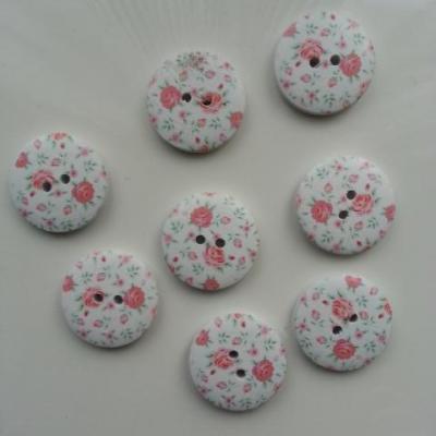 lot de 8 boutons ronds en bois motif fleuri vert et rose 25mm