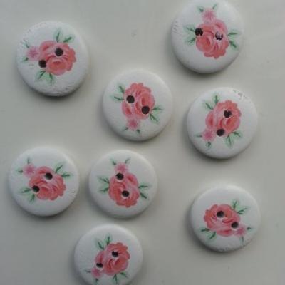 lot de 8 boutons ronds en bois motif fleuri vert et rose 20mm