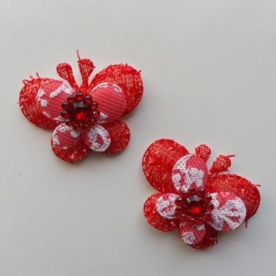 Lot de 2 appliques papillon  fleuri  40*50mm rouge