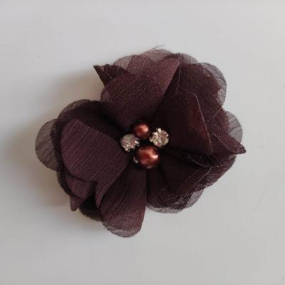 fleur perle et strass mousseline  55mm marron