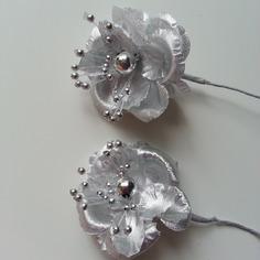 lot de 2 fleurs  artificielles en tissu  55mm sur tige argent