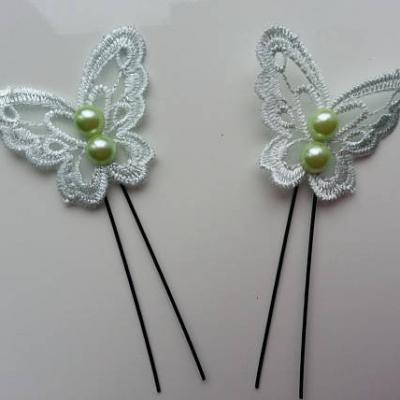 lot de 2 epingles pics à chignon papillon  en dentelle vert d'eau 45*40mm