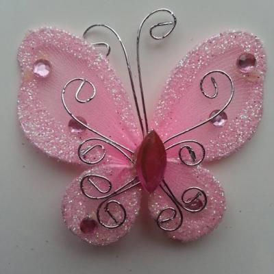 Papillon  strass et paillettes  50*50mm rose