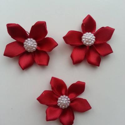 Lot de 3 appliques ruban  fleur  avec centre 35mm bordeaux