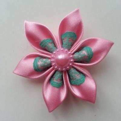 Fleur satin rose et dentelle verte  5cm