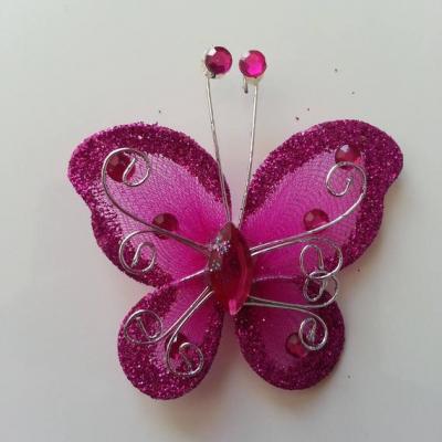 Papillon  strass et paillettes  50*50mm rose fuchsia