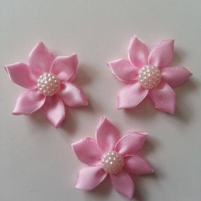 Lot de 3 appliques ruban  fleur  avec centre 35mm rose