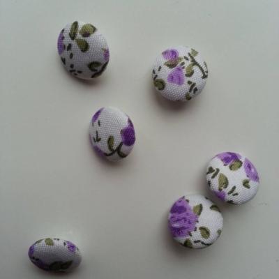 boutons ronds recouvert de tissu blanc à fleurs mauve 14mm lot de 6