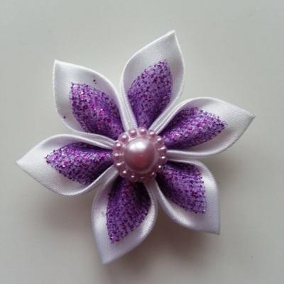 Fleur satin blanche et organza pailleté mauve  5cm