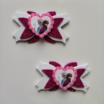 RDN009 lot de 2 barrettes crocodile noeuds  rose fuchsia et blanc anna et elsa reine des neiges