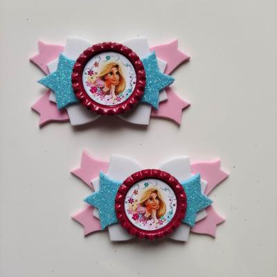 RAIP003 Lot de 2 barrettes crocodile noeuds  blanc , rose et bleu  princesse raiponce