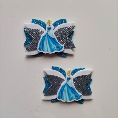 CEN002 Lot de 2 barrettes crocodile noeuds  blanc et bleu turquoise princesse cendrillon