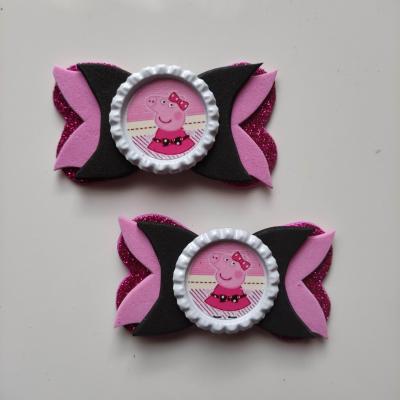 PEP001 lot de 2 barrettes crocodile noeuds   noir et rose cochon peppa pig