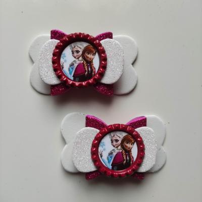 RDN001 Lot de 2 barrettes crocodile noeuds blanc et rose anna et elsa  reine des neiges