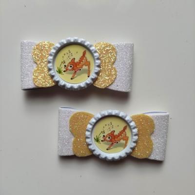 BAMB001 Lot de 2 barrettes crocodile noeuds jaune et blanc   faon bambi