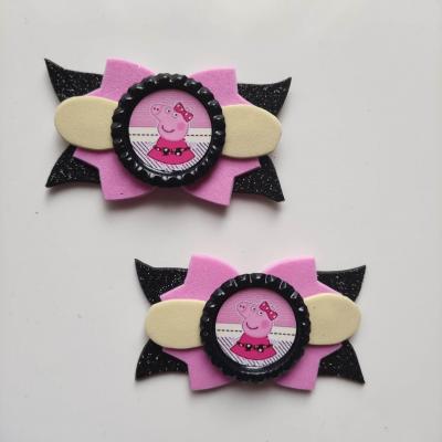 PEP003 lot de 2 barrettes crocodile noeuds   noir rose et jaune cochon peppa pig