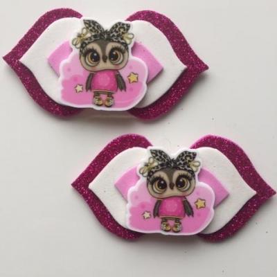 Lot de 2 barrettes crocodile noeuds  blanc et rose fuchsia  hibou chouette  B074